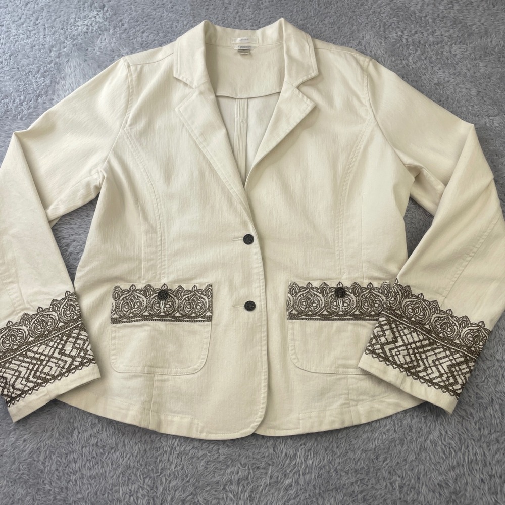 Christopher & Banks Blazer Womens Medium Cream Embroidered‎ Paisley Denim Jacket